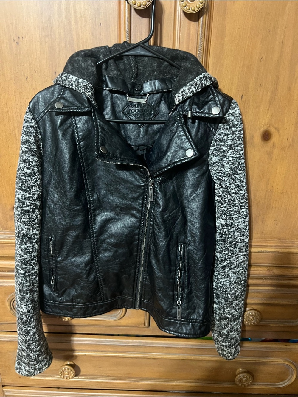 Jou Jou Black Faux-Leather Jacket with Gray Knit Sleeves